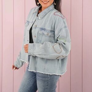 New! Rhinestone Heart Detail Denim Jacket